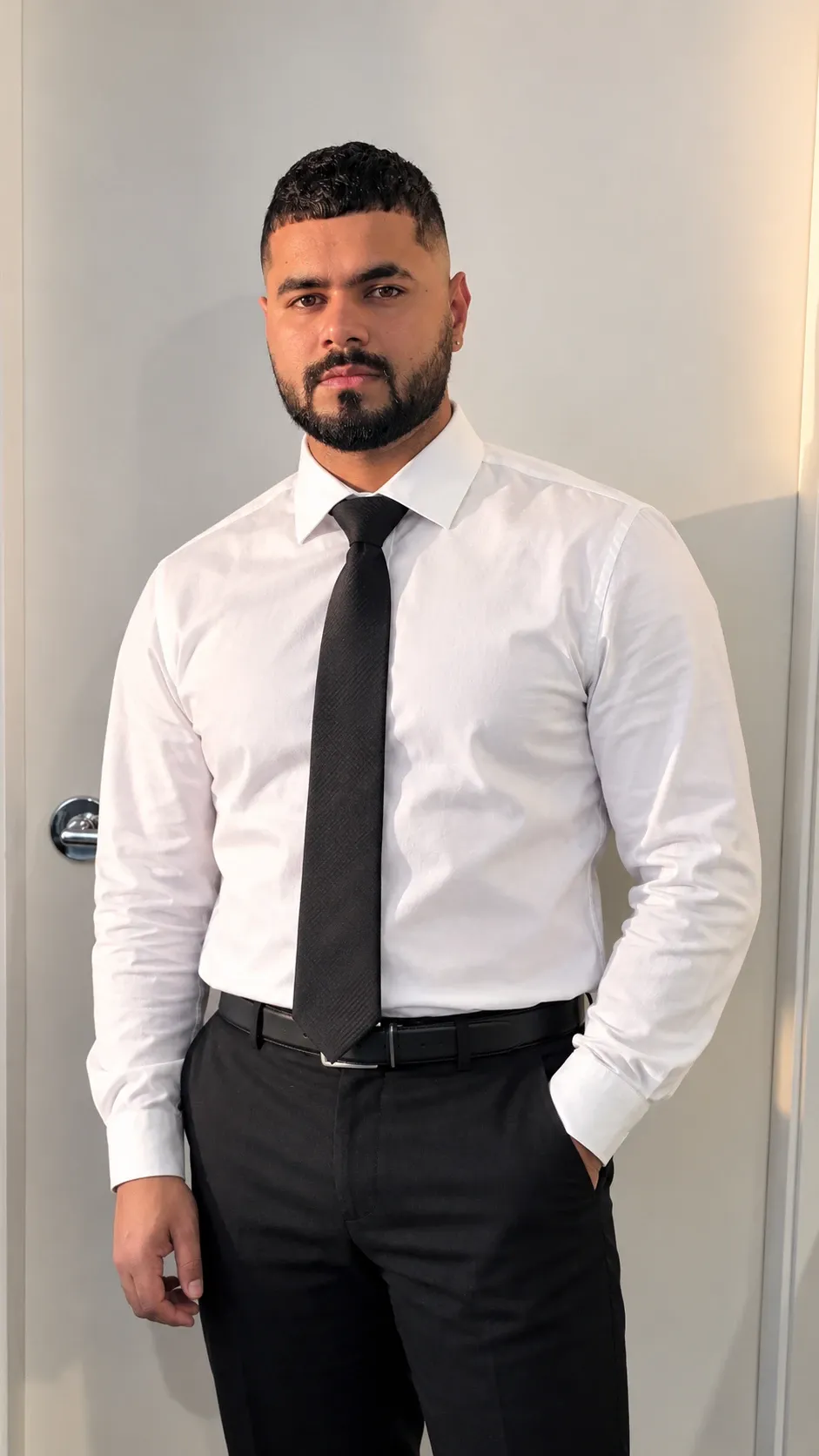 Aman Khanduja, wearing a white shirt and black tie