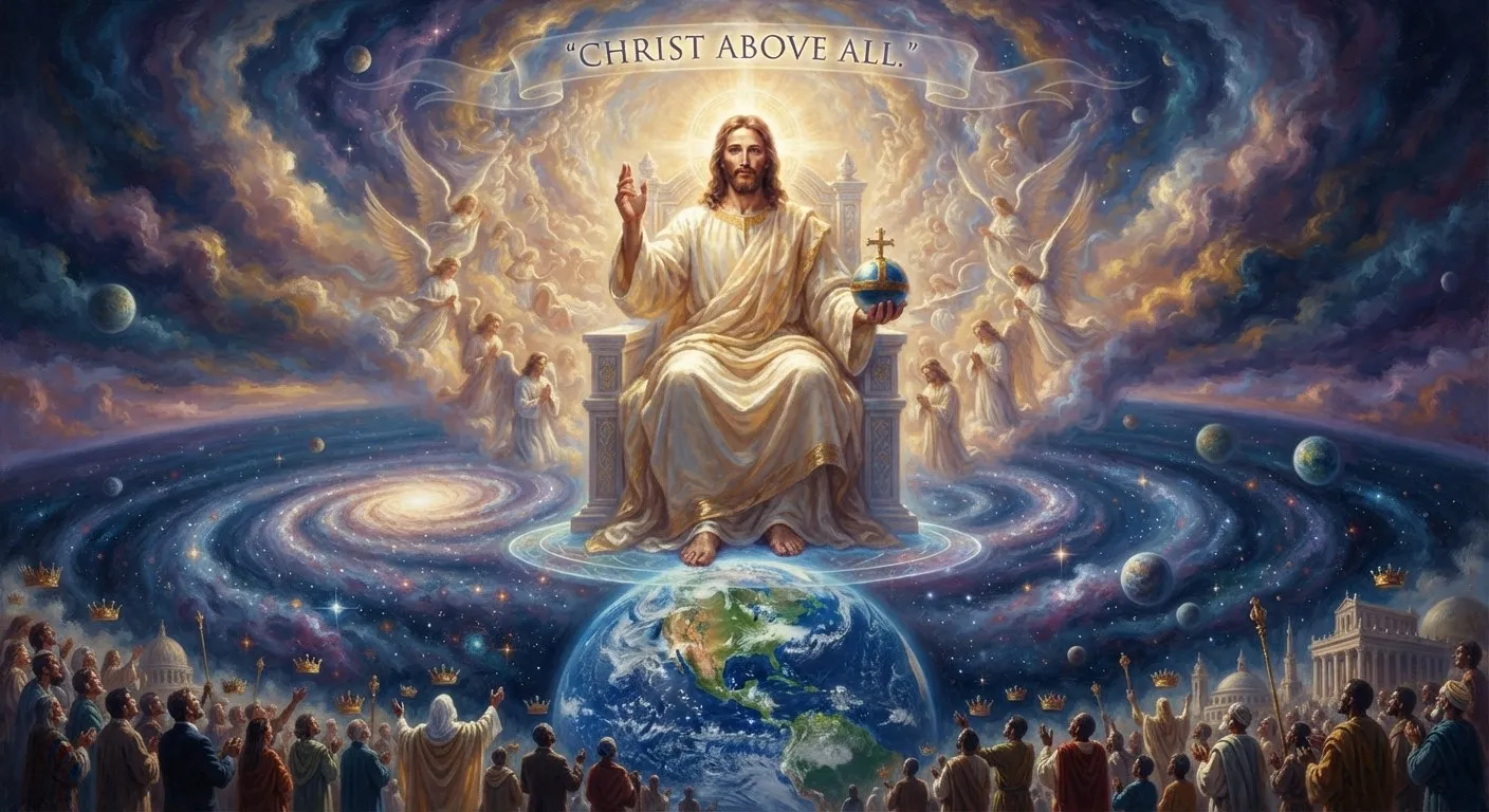 Painting titled “Christ Above All” showing Jesus enthroned above the earth among galaxies and angels, holding a globe topped with a cross, while people from many nations look up to Him