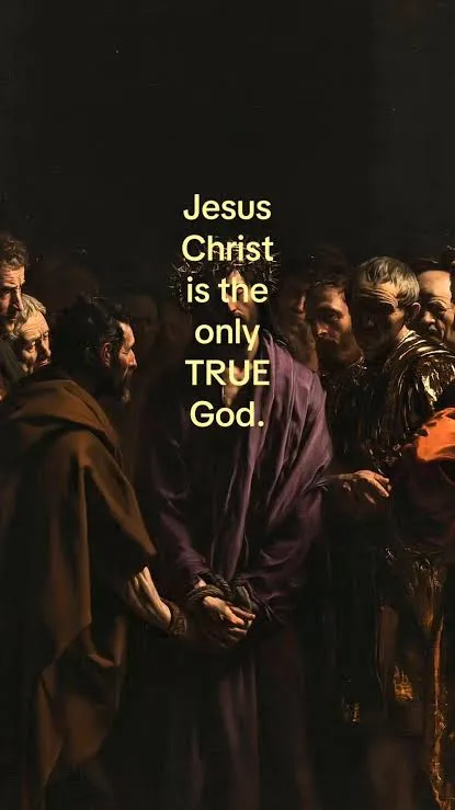 Dark painting of Jesus in a crown of thorns and purple robe with His hands bound, surrounded by a crowd, overlaid with the words “Jesus Christ is the only TRUE God.”