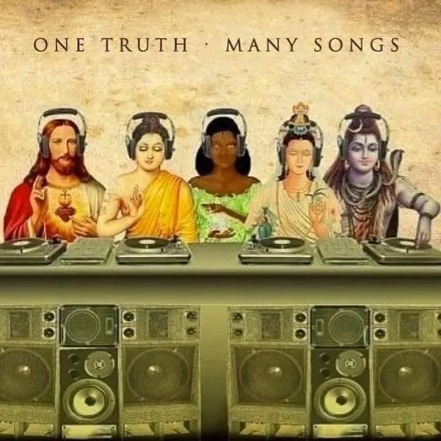 Illustration titled “One Truth · Many Songs” showing Jesus, Buddha, Shiva and two other religious figures wearing headphones and playing turntables like DJs, above a wall of speakers