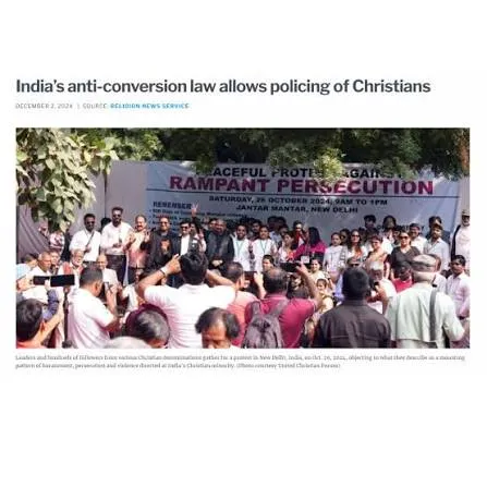 Screenshot of a Religion News Service article headlined “India’s anti-conversion law allows policing of Christians,” showing a crowd of Christian leaders at a protest in New Delhi under a banner reading “Rampant Persecution”